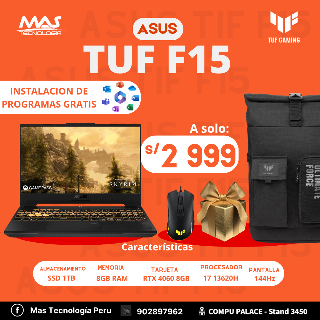 Asus Core I7-13620h Tuf Gaming F15 Fx507 Pantalla 15.6" Fhd 144hz, Ram 16gb, Ssd 1tb, Rtx 4060 8gb
